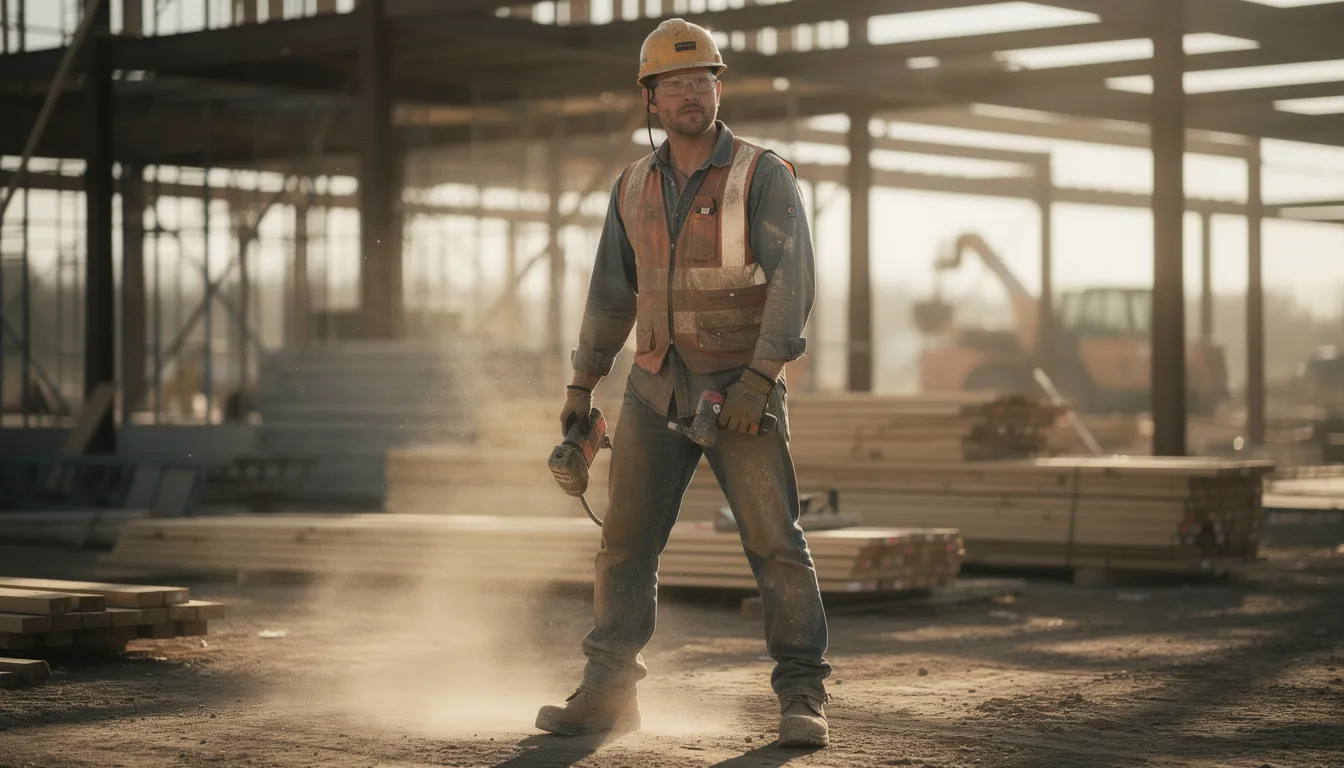 A rugged tradesman stands on a dusty outdoor job site, wearing work boots and a hard hat, with a focused expression as he tackles his tasks. His lips, exposed to harsh weather, may benefit from a great lip balm infused with natural ingredients like peppermint essential oil and grass-fed beef tallow to keep them moisturized and protected.