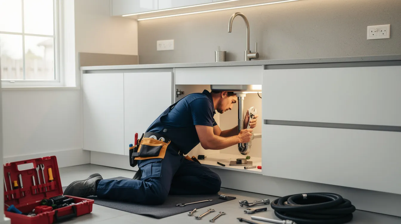 The image shows a professional plumber in work clothes, skillfully using tools while crouched under a modern kitchen sink, addressing a plumbing issue. This scene highlights the plumber's expertise, emphasizing the importance of reliable emergency plumbing services for homeowners facing urgent plumbing problems.