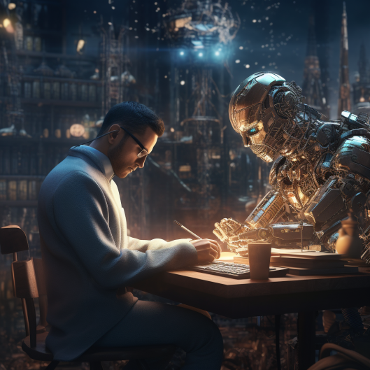 A man in a suit and a robot sitting in a library while the robot gives instructions to the man.
