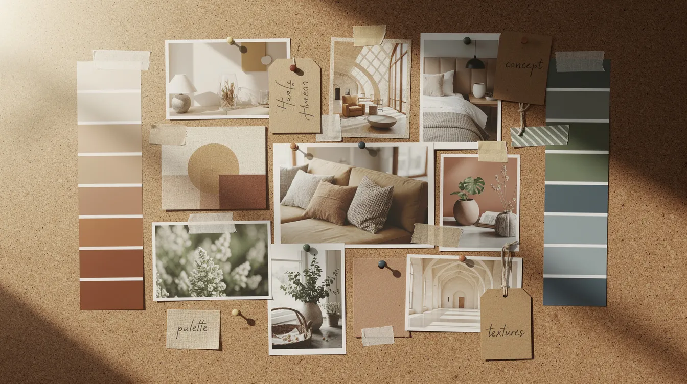 The image features a mood board filled with an array of photographs, color swatches, and visual inspiration pieces, all pinned together to foster creative thinking and generate innovative ideas for concept development. This visual representation serves as a foundation for brainstorming sessions and aligns with the overarching idea of effective communication in marketing efforts.