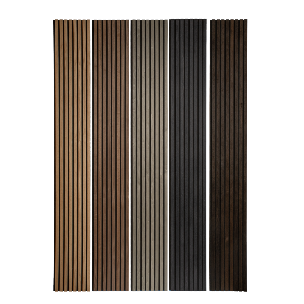 A variety of wood acoustic panel designs displayed together.
