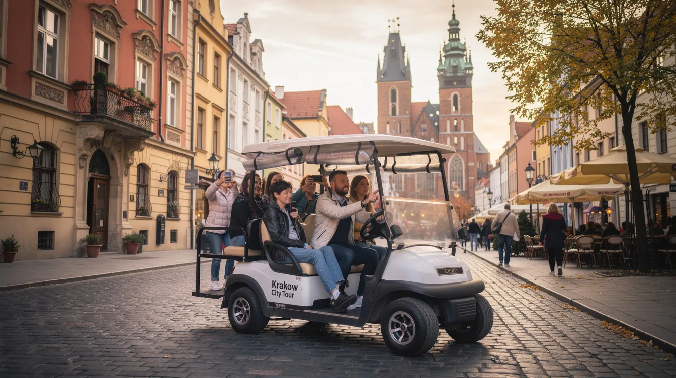 Um passeio de carrinho de golfe por Cracóvia revela os principais pontos turísticos da cidade, como a Praça do Mercado e o Castelo de Wawel, enquanto se aprecia a rica história judaica e a beleza do rio Vístula. Os turistas podem explorar a cultura e os locais emblemáticos que marcaram a história da Polônia, incluindo referências à Segunda Guerra Mundial e ao legado de Oskar Schindler.