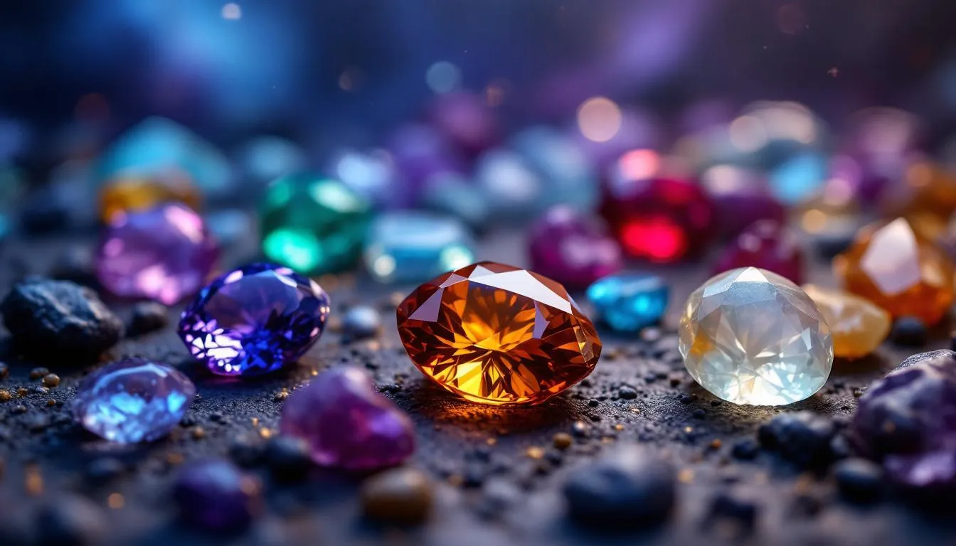The image showcases a vibrant collection of birthstones, including a striking ruby, a calming amethyst, and the three unique June birthstones: pearl, moonstone, and alexandrite. Each gemstone is beautifully set in sterling silver jewelry, symbolizing the connection between astrological signs and their corresponding precious stones, inviting positive energy and personal expression.