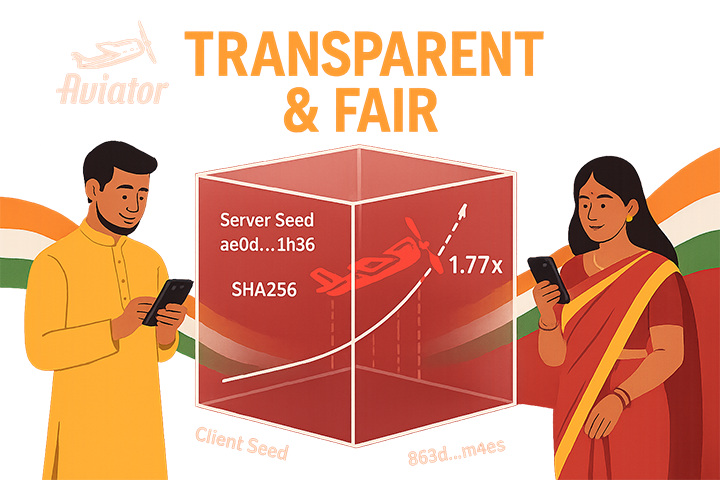 Transparent glass box showing Aviator game mechanics with server seeds and client verification for Indian players