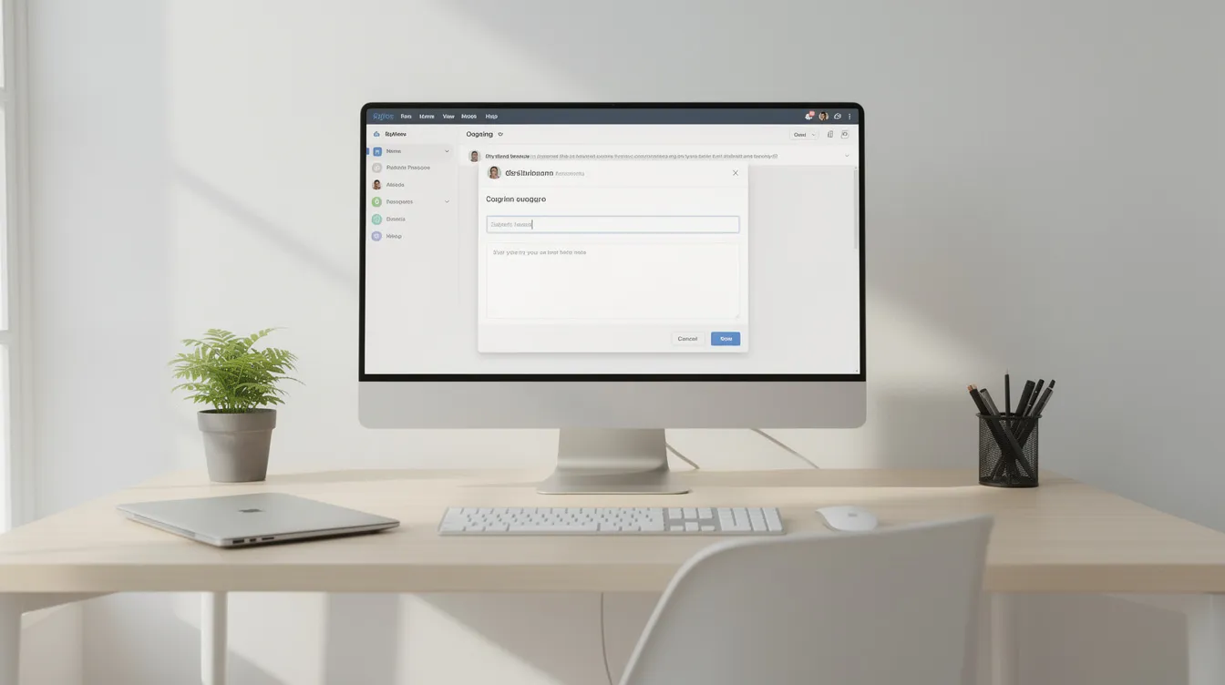 The image depicts a modern office workspace featuring a sleek desktop computer with an open email compose window, likely preparing an onboarding email sequence for new customers. The workspace is organized and stylish, suggesting a productive environment for managing email marketing campaigns and engaging potential customers.