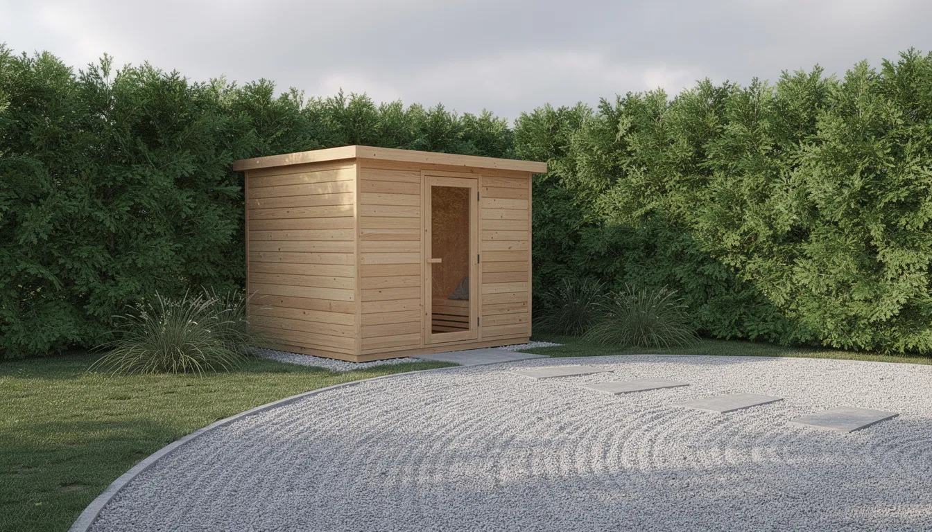 The image depicts a serene backyard retreat featuring a wooden outdoor sauna nestled among tall evergreen hedges, creating a natural barrier for privacy. A gravel pathway winds through lush greenery and flowering plants, inviting relaxation in this tranquil outdoor space.