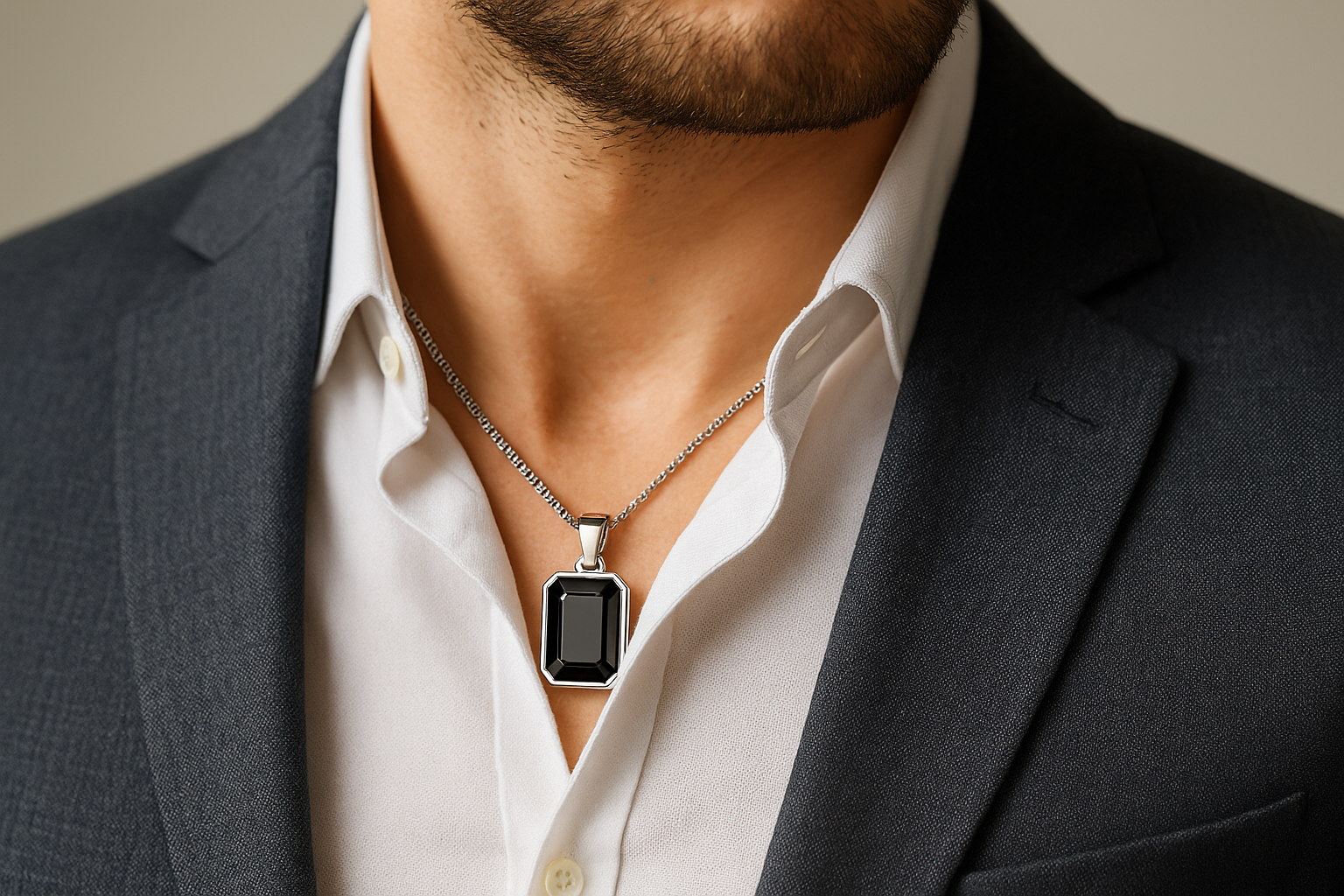 Stilingas vyras su baltu auksu pagamintu pakabuku ir emerald formos juodu turmalinu, dėvimas prie klasikinio švarko ir marškinių