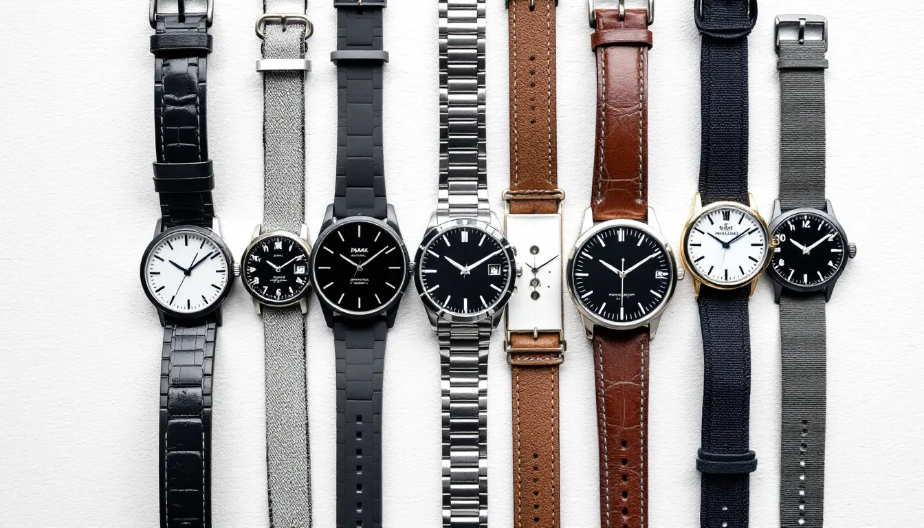 In this image, a diverse collection of watches and watch straps is displayed, showcasing various styles and materials such as full grain leather, suede, and rubber. The combination highlights different colors and shapes, allowing customers to find the perfect strap to match their timepiece.