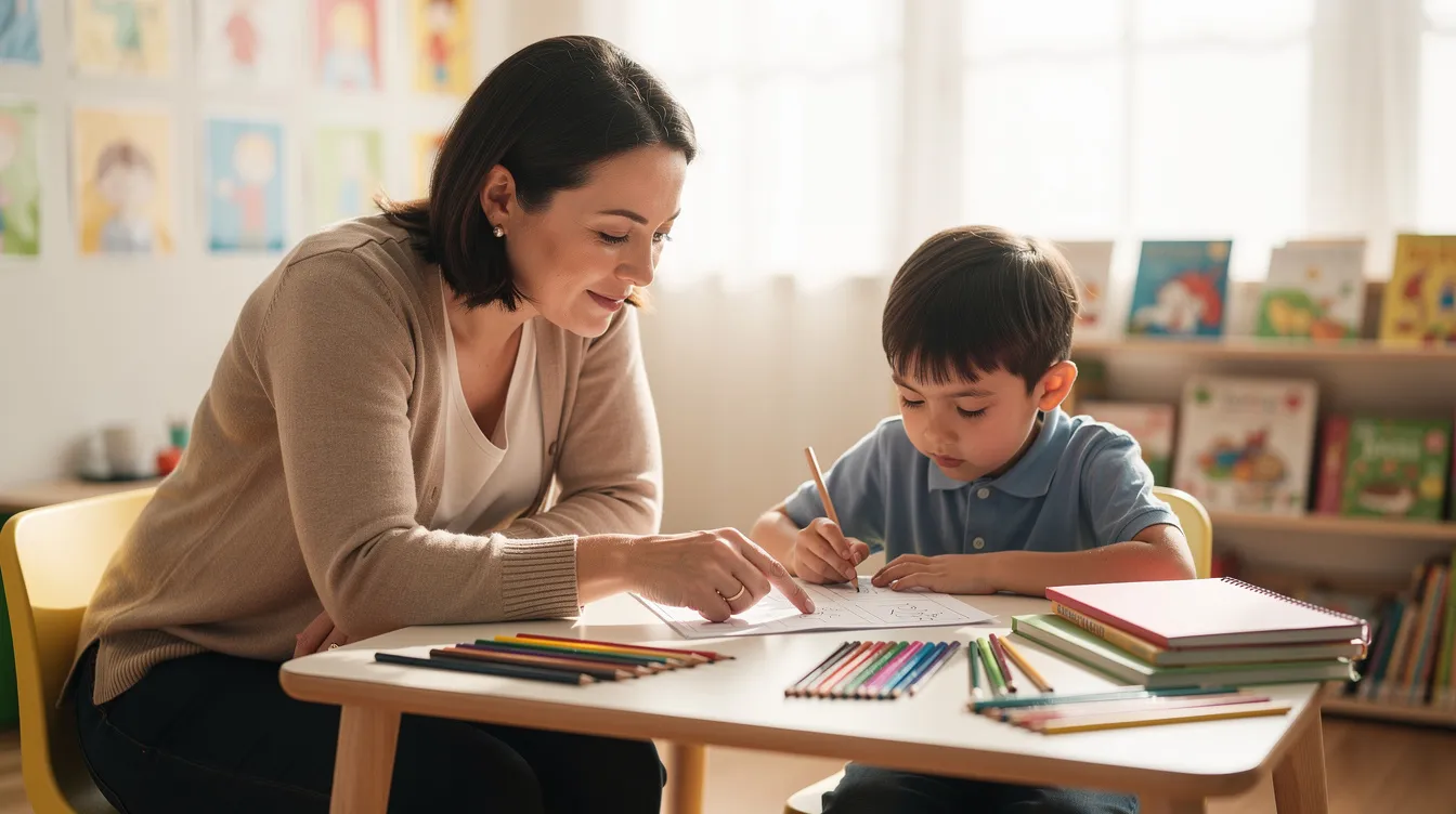 An adult is seated at a learning table with a young student, both focused on a task in a bright room filled with natural light. This one-on-one interaction highlights the importance of targeted intervention and timely support in addressing academic challenges and enhancing the student's learning skills.
