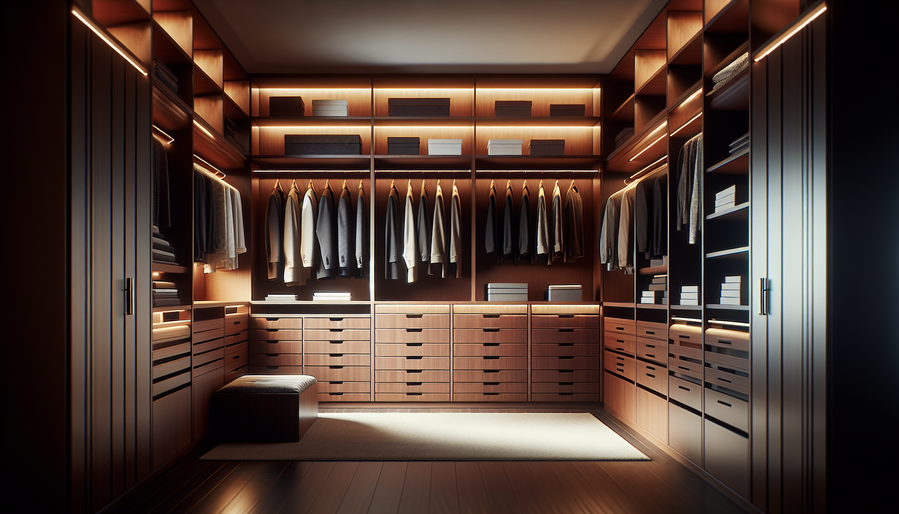 Maximized wall-to-wall storage solutions in a walk-in closet
