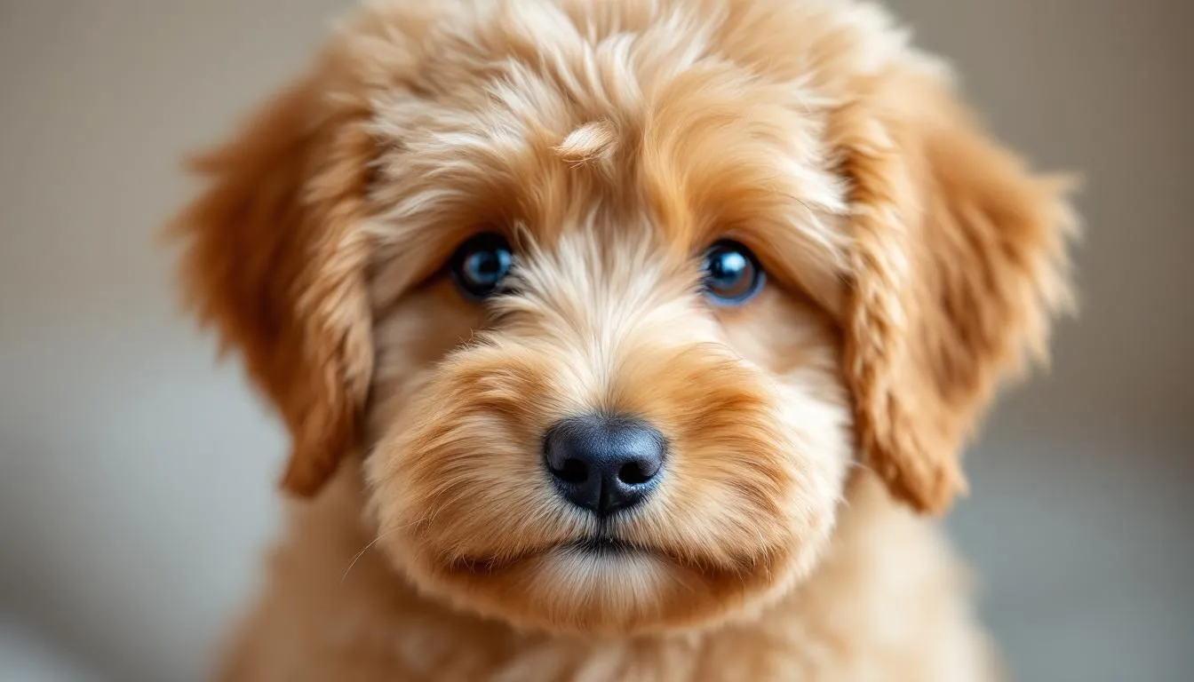A close-up portrait of a teddy bear goldendoodle showcases its characteristic rounded face, button nose, and fluffy coat, highlighting the breed