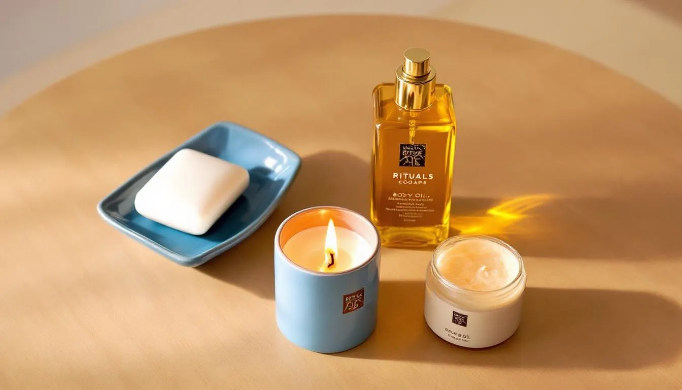 Na obrazie widoczne są produkty do pielęgnacji ciała marki Rituals, w tym żel pod prysznic i olejek, ułożone starannie wokół zapalonej świecy zapachowej, co tworzy relaksującą atmosferę. Całość emanuje harmonią i spokojem, idealna do domowych rytuałów pielęgnacyjnych.