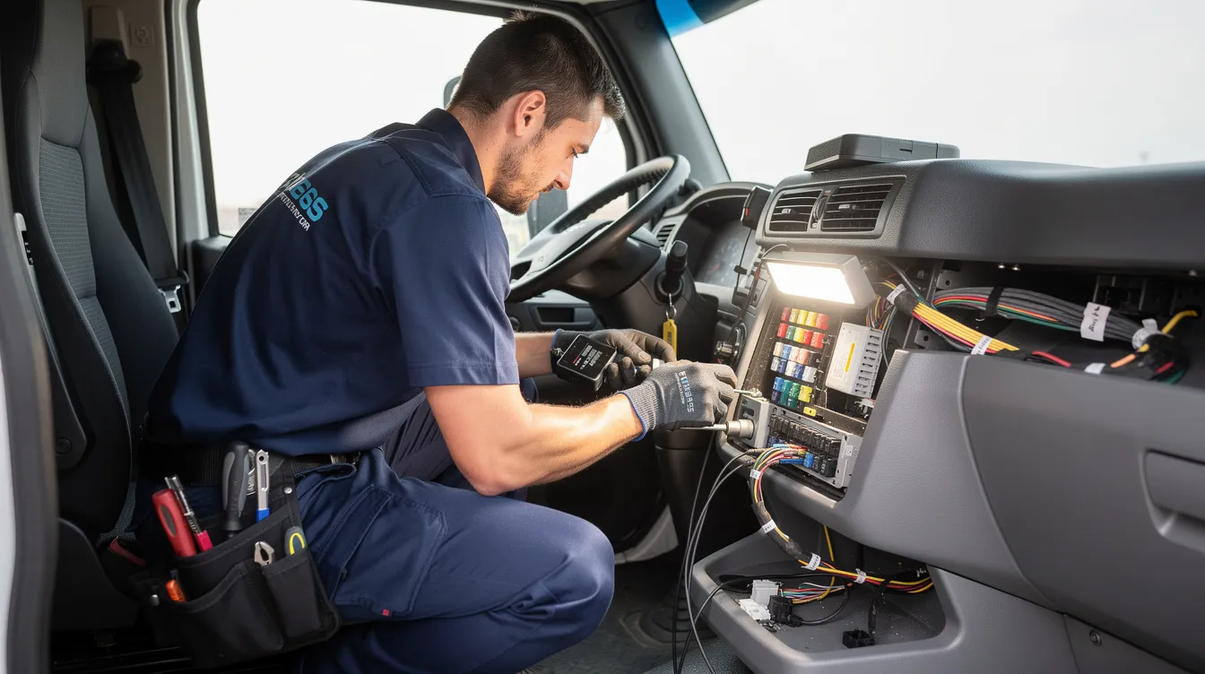 Telematics Integration: A technician is seen installing a GPS tracking device beneath the dashboard of a truck, which is essential for fleet management and monitoring vehicle health.