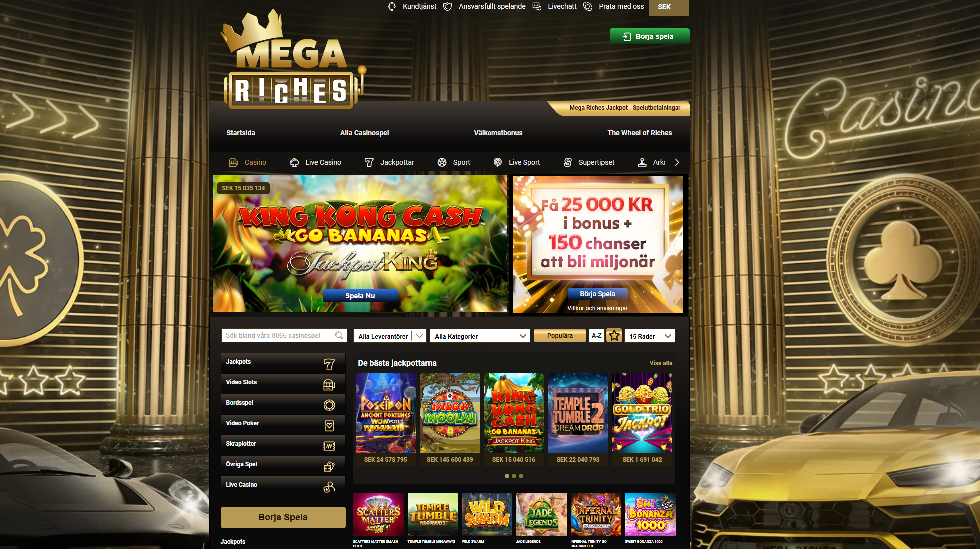 Stratsida för Mega Riches casino.