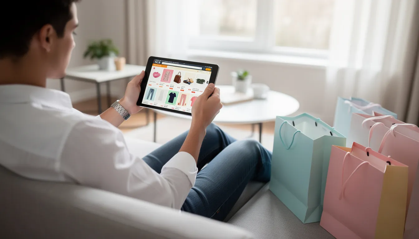 A person is sitting comfortably while browsing products on a tablet, surrounded by colorful shopping bags, indicating a recent shopping experience. This scene reflects the engaging nature of online shopping, where brands can leverage Pinterest advertising to reach their audience effectively.