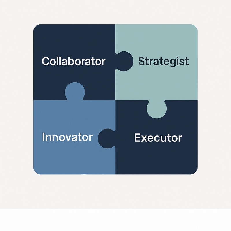 Infographic titled “The Power of Behavioral Fit” featuring four interlocking puzzle pieces arranged in a square. Each piece is labeled with a behavioral trait: “Collaborator,” “Strategist,” “Executor,” and “Innovator.” The design uses shades of navy, teal, and blue on a light gray background, visually representing how diverse strengths come together to create a well-aligned team. ChatGPT fragen