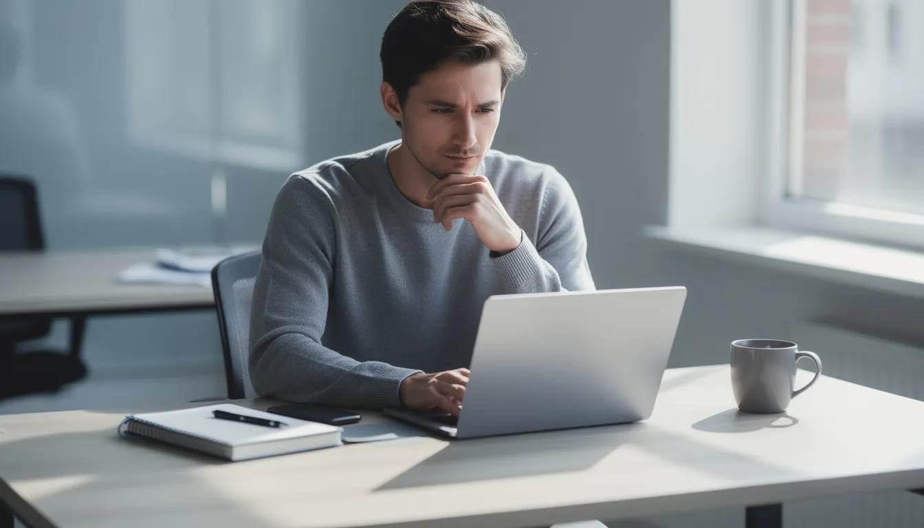 En person sitter vid ett skrivbord och ser eftertänksam ut medan hen använder en bärbar dator. I bakgrunden finns en känsla av fokus och kreativitet, vilket kan kopplas till att utforska nya casinon med free spins och spännande spel som "Book of Dead".