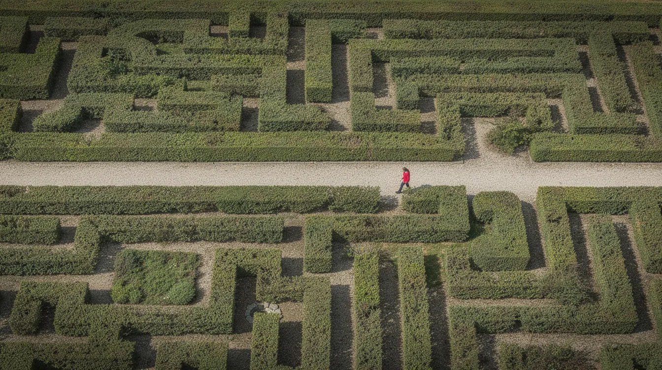 An aerial view of a person navigating through a complex hedge maze, illustrating the intricate paths that require human judgment and strategic thinking, much like the challenges faced in AI implementation and the balance between human intelligence and artificial intelligence. The maze symbolizes the complexities of decision-making in both human and AI systems.