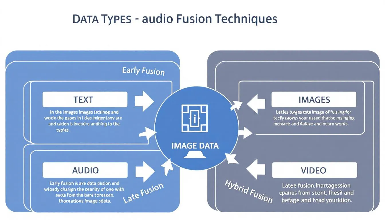 The image illustrates various data types, such as text, images, audio, and video, highlighting the significance of images in multimodal data fusion techniques. It emphasizes the role of artificial intelligence and machine learning in integrating these diverse data types for enhanced decision-making and accurate results across various sectors.