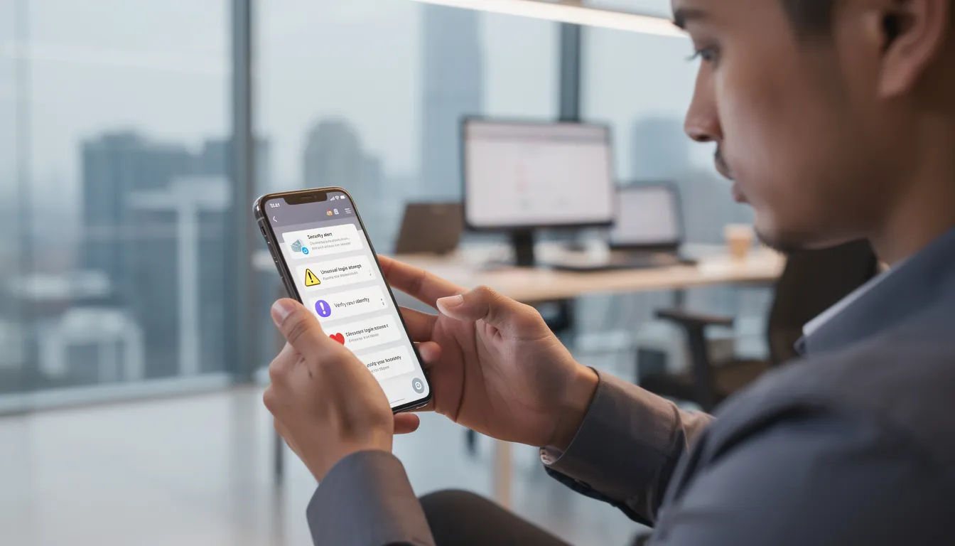 A person is sitting at a modern office desk, intently checking security notifications on their smartphone, which may include alerts related to identity monitoring services and potential identity theft. The setting suggests a focus on protecting personal and financial information in a professional environment.