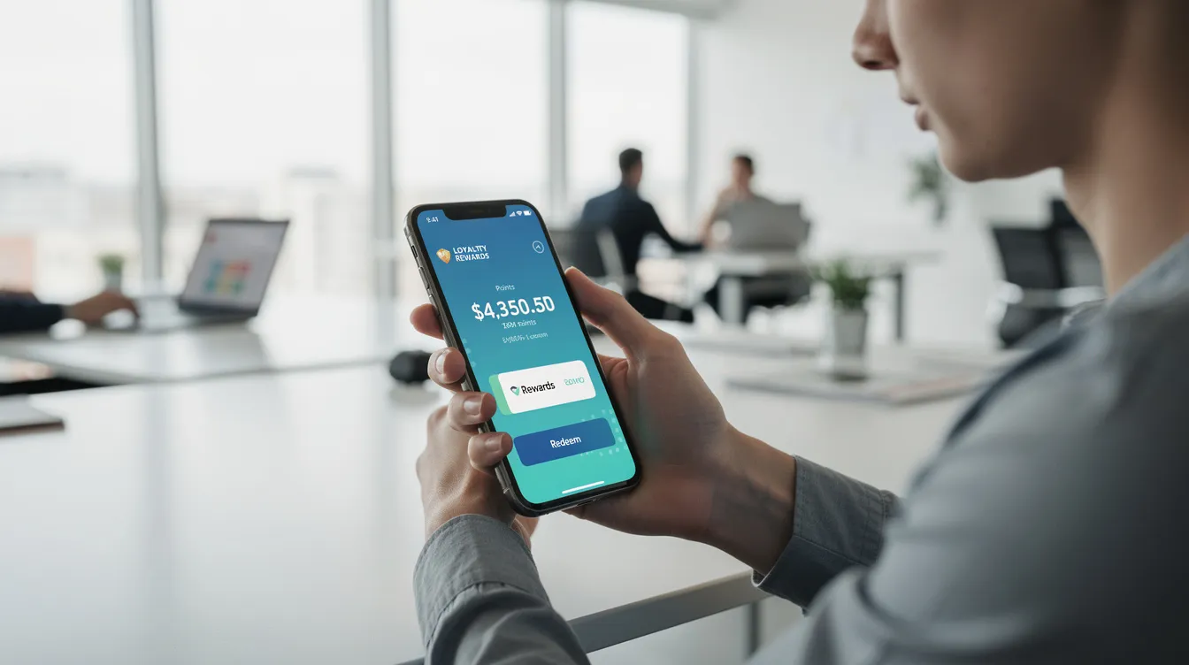 The image shows a person in a modern office setting, using a smartphone with a visible loyalty rewards screen that highlights the ability to earn reward points through the Sohni Dharti Remittance Program. The screen displays options related to sending money and redeeming loyalty points, emphasizing the program's benefits for overseas Pakistanis.