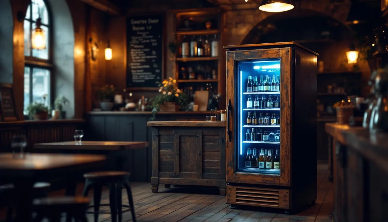 An energy efficient commercial bottle cooler in a restaurant setting.