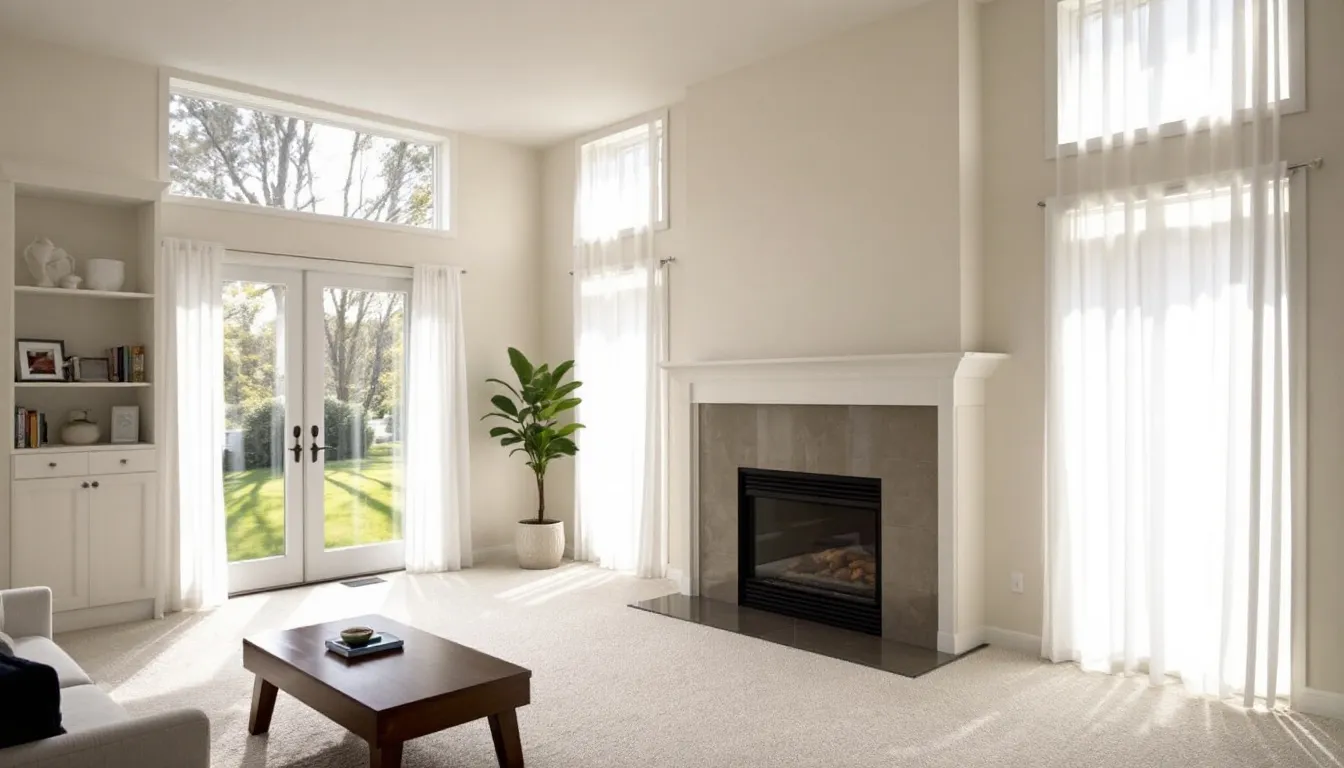 The image depicts a cozy living room with Sherwin Williams Creamy walls that feature warm yellow undertones, illuminated by natural light streaming through large south-facing windows. The space showcases wood floors and a harmonious blend of warm tones, creating an inviting atmosphere perfect for spending time.