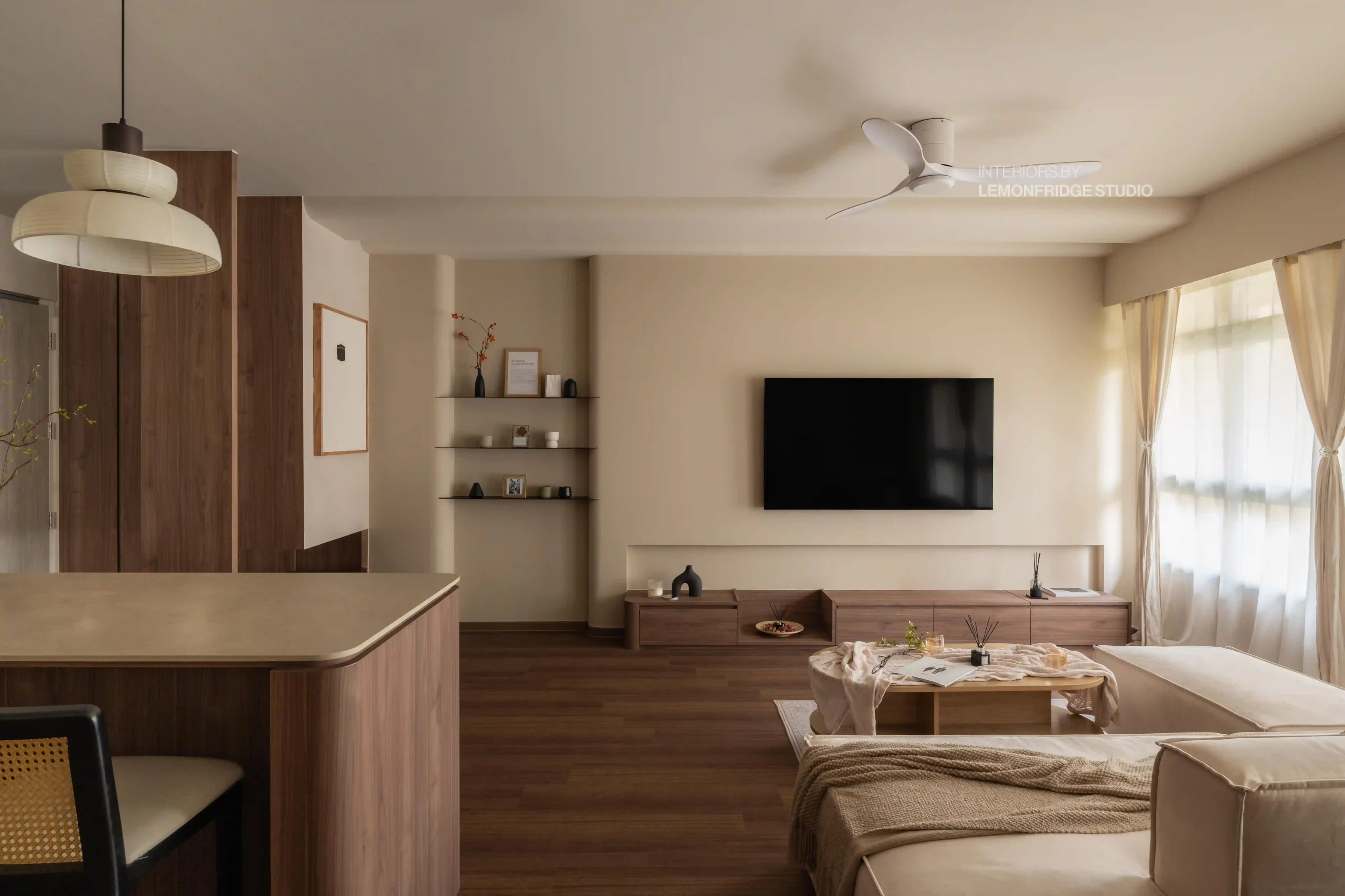 Scandinavian-inspired smart home living room with wall-mounted TV, silent smart ceiling fan and hidden wiring