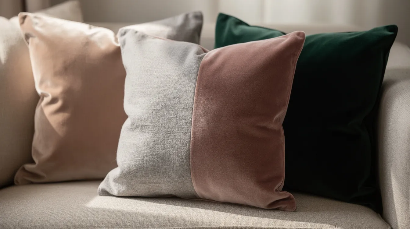 Närbild av prydnadskuddar i sammet och linne som visar olika texturer och färger. Kuddarna, som är 50x50 cm stora, passar perfekt i soffan och förnyar rummet med sina mjuka material och intressanta mönster.