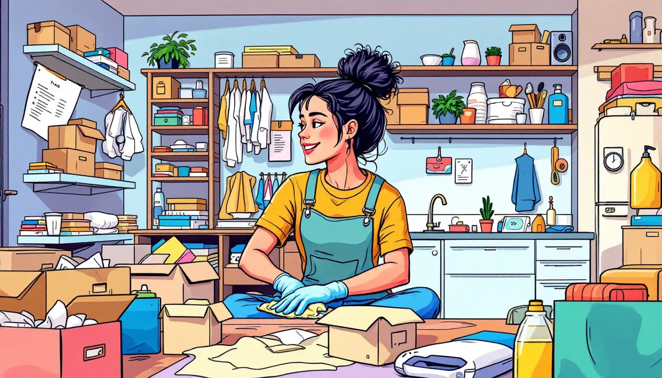 A person establishing new habits by organizing their belongings, creating a clean space.