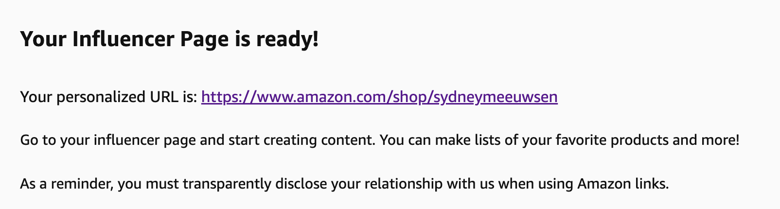 Your Influencer page is ready message!