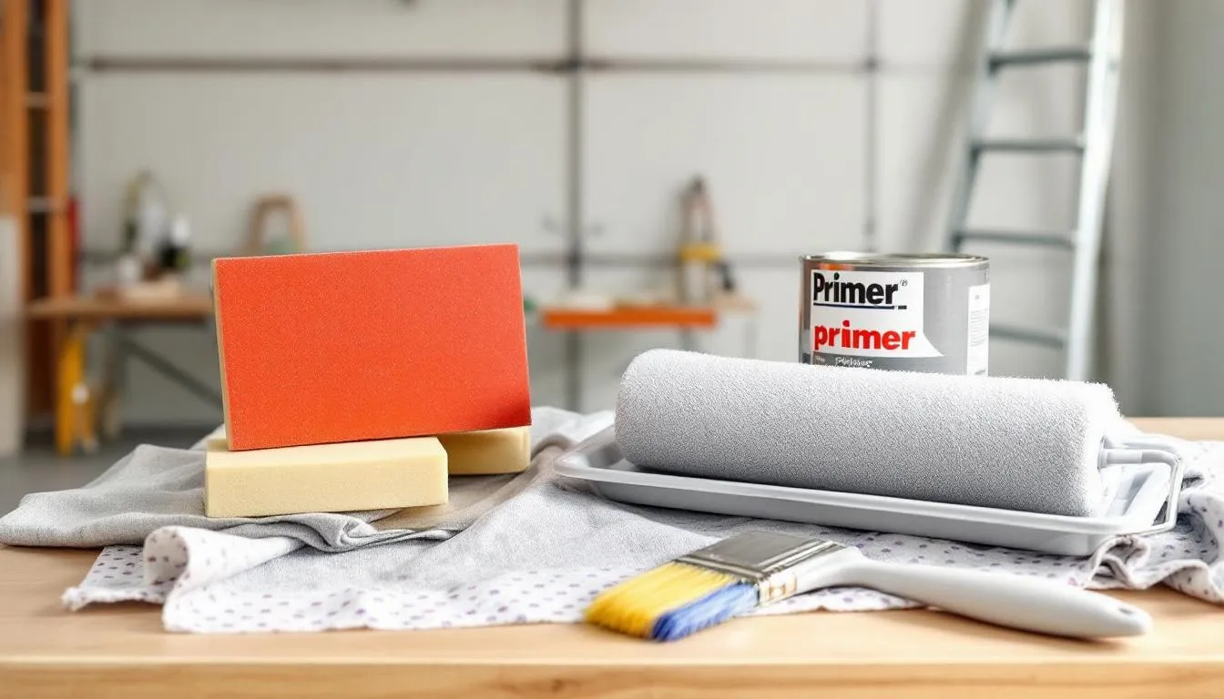 Tools and materials for sanding and priming a garage door.