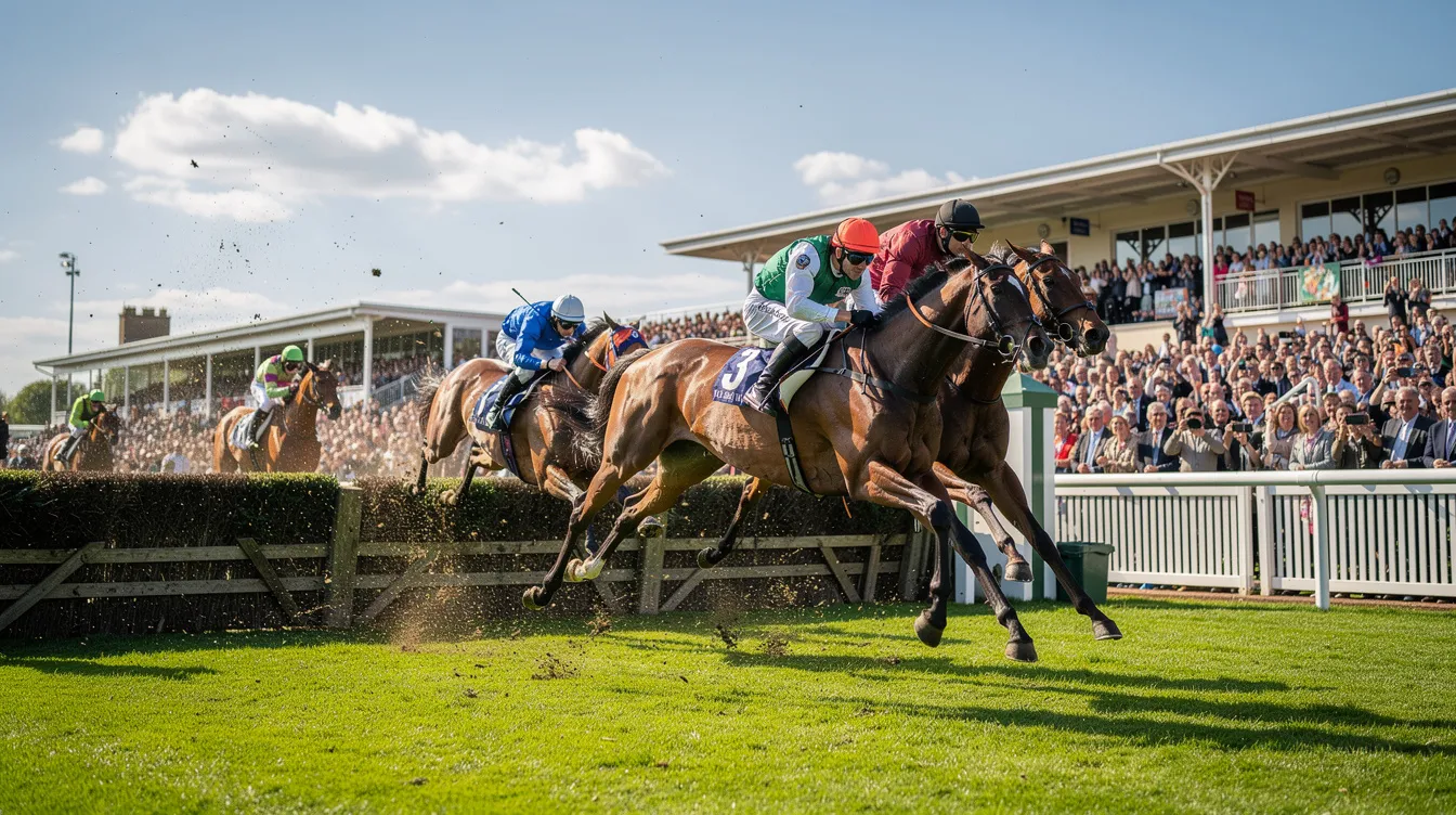 A vibrant scene of horses galloping over jumps at a prestigious racecourse on a sunny spring afternoon, capturing the excitement of the grand national festival. Spectators cheer as the competitors race towards the finish line, embodying the thrill of horse racing and the anticipation of grand national betting offers.