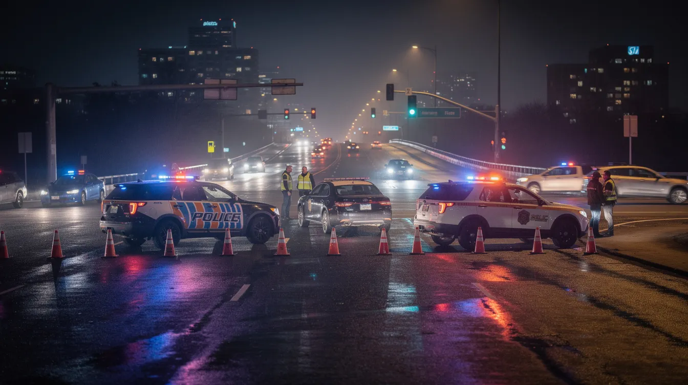 The image depicts an emergency response scene at a highway intersection, featuring police vehicles with flashing lights, as they manage a truck accident involving a large commercial truck. This scene highlights the urgent response required in truck accident cases, emphasizing the importance of legal representation from an Albuquerque truck accident lawyer for victims navigating their claims.