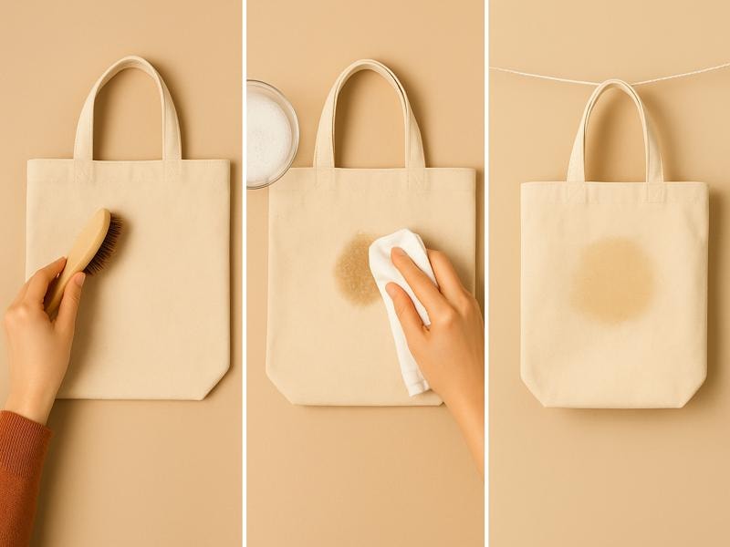 A set of three photos shows how to clean a canvas bag. The first shows a hand brushing off dirt. The second shows spot cleaning with a cloth and soapy water. The third shows the bag hung to dry.