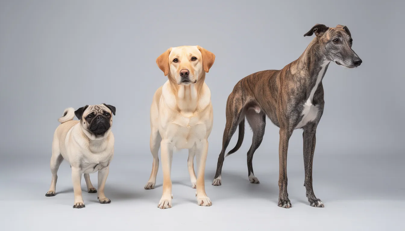 Na obrazku widać porównanie trzech różnych ras psów stojących obok siebie: mops, labrador i chart. Każdy z nich ma swoją unikalną zewnętrzną budowę ciała, co widać w różnicach w wielkości, kształcie głowy oraz strukturze mięśni.