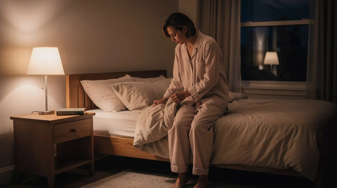 A person in comfortable sleepwear is preparing for bed in a dimly lit room, surrounded by a calm atmosphere that promotes relaxation and well-being. This scene reflects the importance of healthy sleep habits as part of the longevity stack, emphasizing the role of rest in the aging process and overall health.