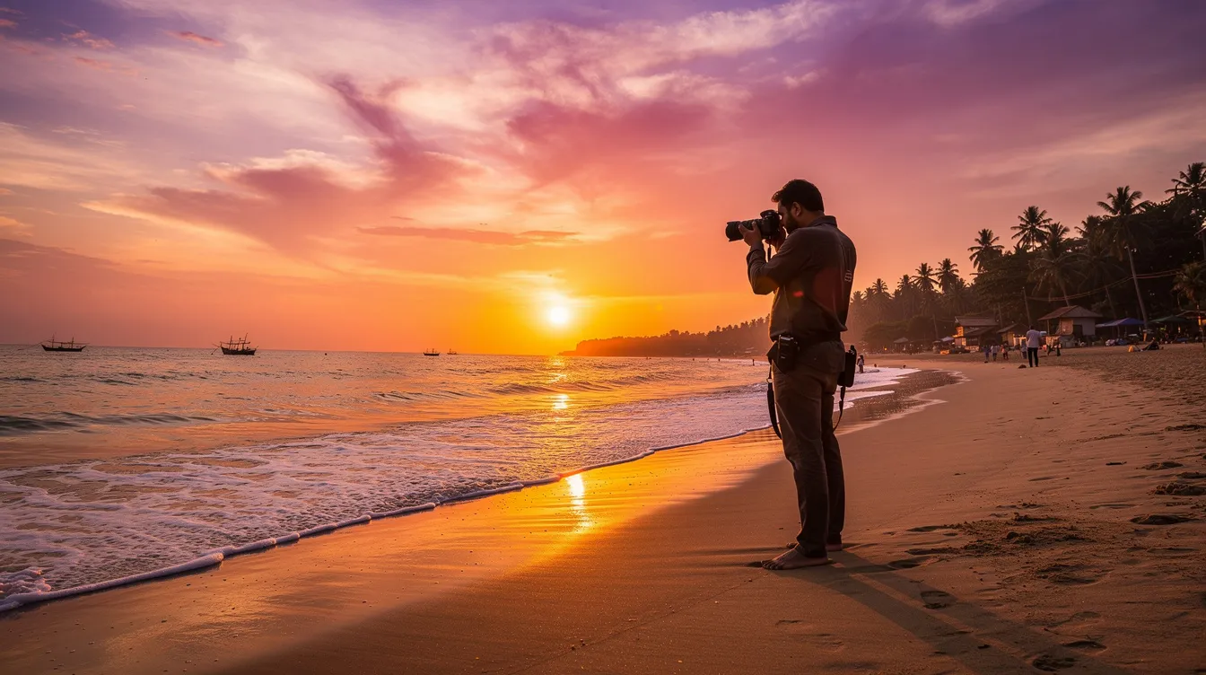 939c5844 551b 4be7 9b6c 4a84e5fb09cc A photographer is capturing stunning sunset shots on a vibrant Goa beach, with a colorful sky reflecting the beauty of the local culture. This scene highlights the potential for a photography business in Goa, attracting both local residents and foreign tourists.