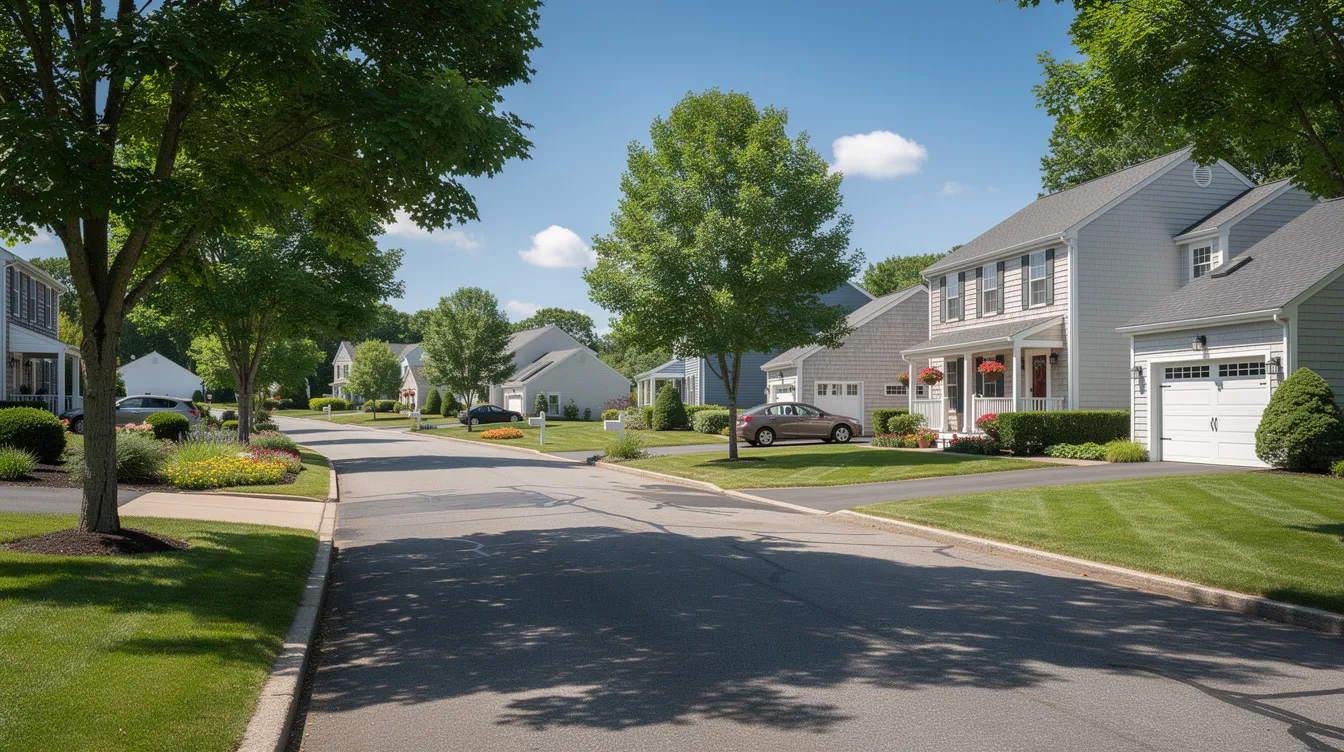 The image depicts a serene suburban street in Connecticut, lined with well-maintained houses and lush green lawns under a clear blue sky. This peaceful neighborhood is ideal for residents who appreciate organized curbside collection for trash and recycling on designated collection days.