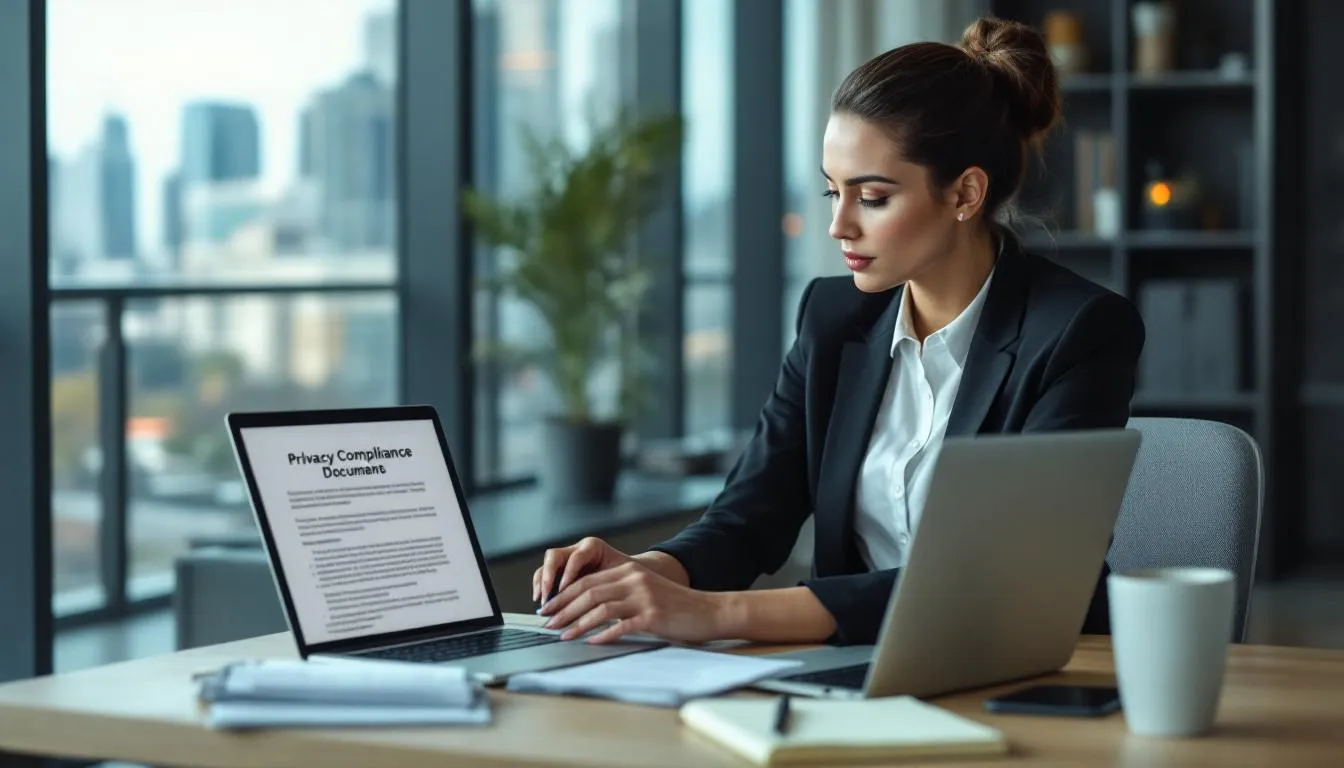 A professional sits at a desk, intently reviewing privacy compliance documents on a laptop, highlighting the importance of informed decisions for businesses aiming to avoid common marketing mistakes. This scene emphasizes the need for a clear strategy to enhance brand reputation and achieve overall business objectives.