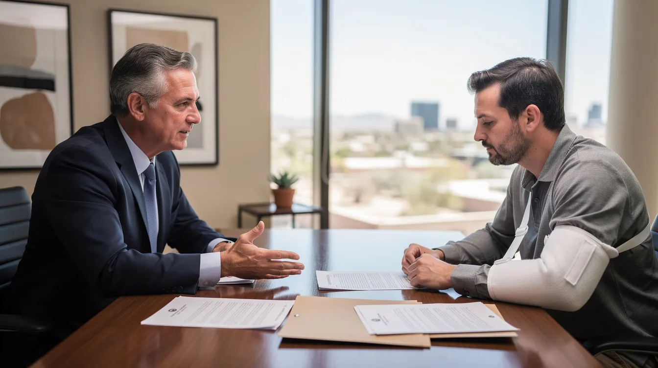 A professional legal consultation is depicted in a modern office setting in Phoenix, Arizona, featuring an attorney in business attire meeting with an injured client, who is wearing an arm sling. The attentive client reviews documents spread across the desk, highlighting the importance of workers compensation benefits and personal injury claims in a candid, documentary-style photograph.