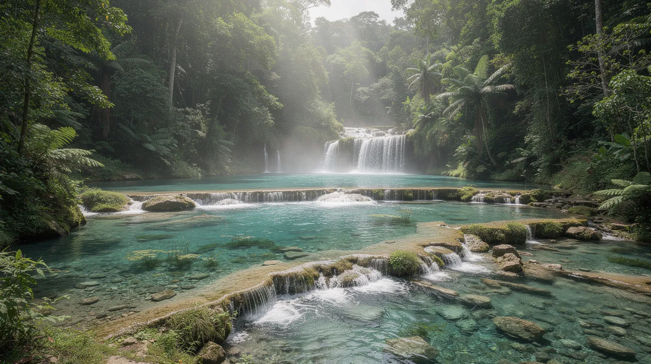 A imagem mostra cascatas deslumbrantes jorrando entre lagos de águas cristalinas, todos cercados por uma densa floresta verdejante. Esse cenário natural, que evoca a beleza da região da Eslovênia, é um destino perfeito para os amantes da natureza e da tranquilidade.