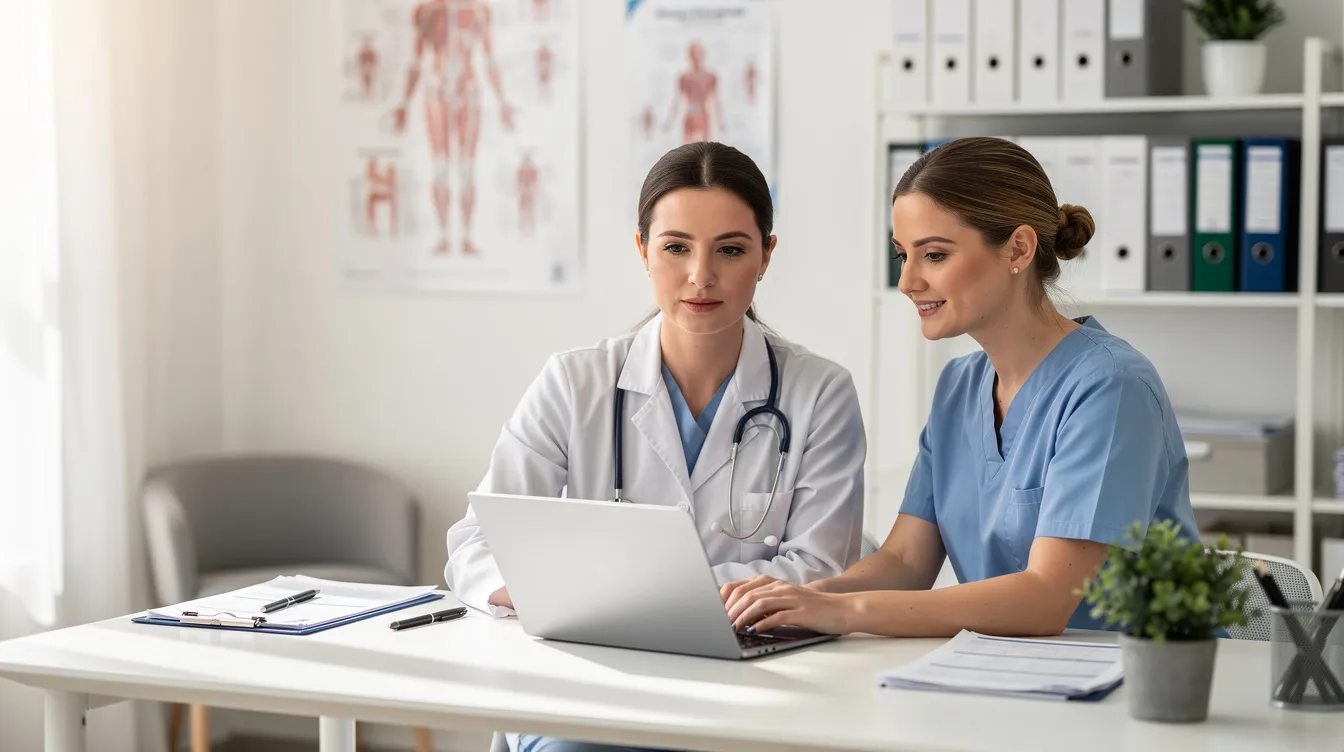 Ein medizinisches Fachpersonal sitzt an einem Schreibtisch in einer hellen Praxis, während es vor einem Laptop arbeitet. Auf dem Bildschirm sind Informationen zur online Abrechnung und zur Organisation von Krankentransporten sichtbar, was auf die Herausforderungen und Lösungen im Gesundheitswesen hinweist.