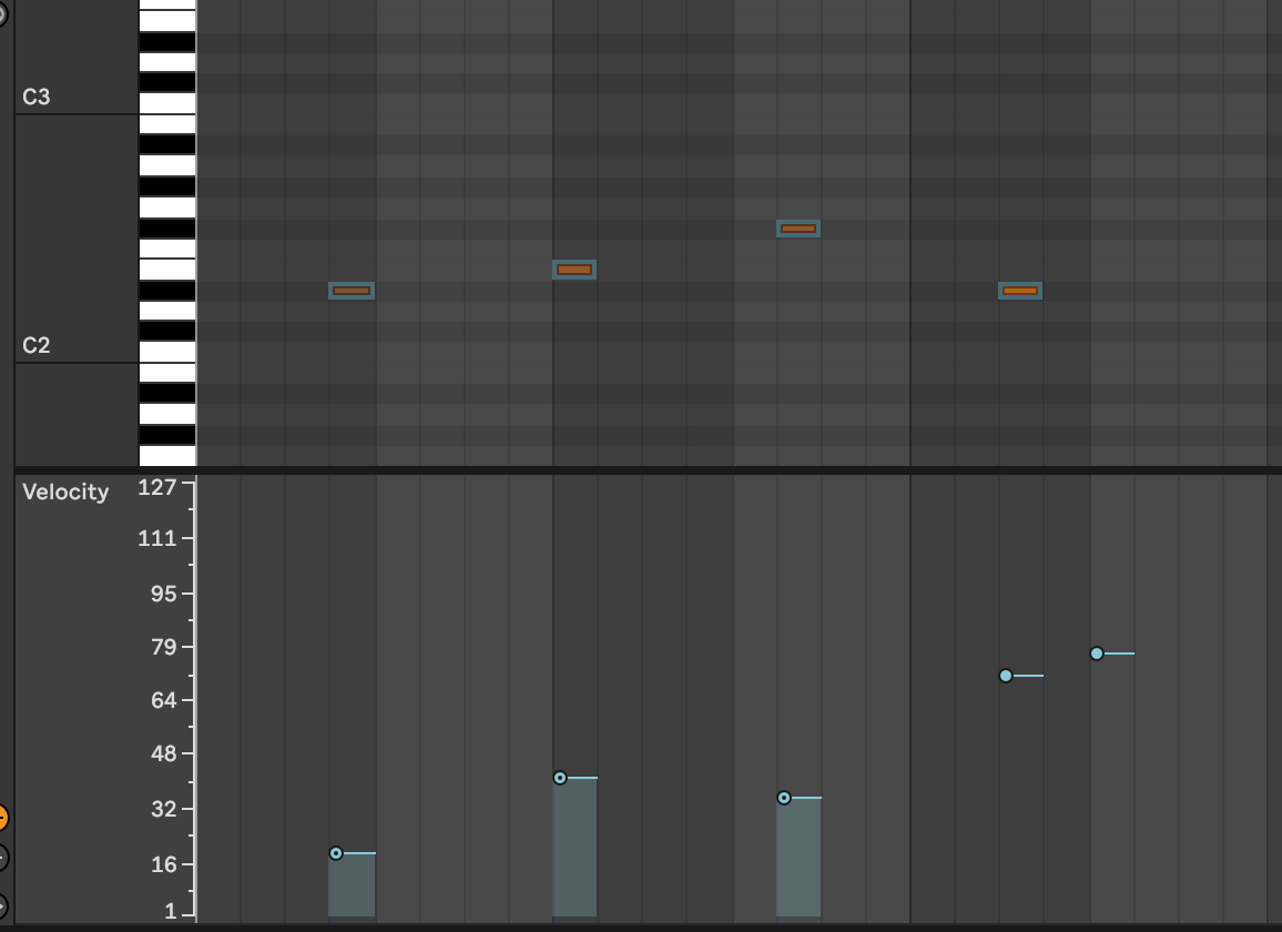 Ableton Piano Roll with Velocity Ranges Set