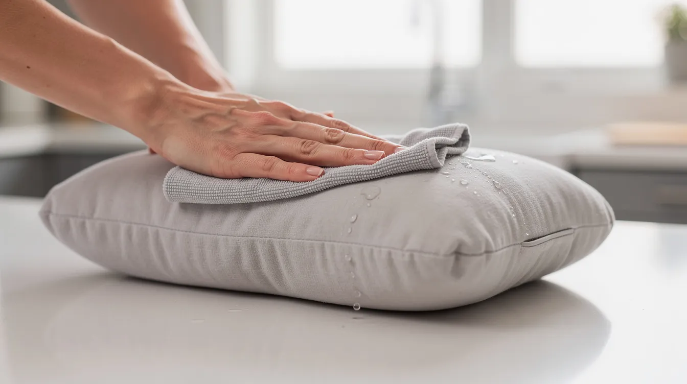 A person is gently dabbing a travel pillow with a damp microfiber cloth on a kitchen counter, demonstrating a spot cleaning method to maintain the pillow's fresh condition. The scene highlights the importance of using a clean damp cloth and mild detergent for effective care of memory foam and microbead pillows.