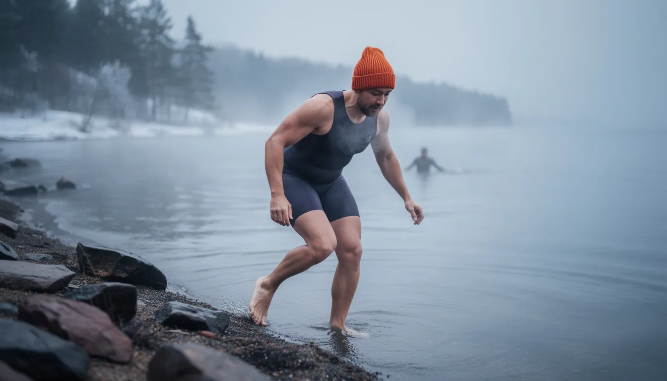A person is shown demonstrating the gradual entry technique into cold water, emphasizing a safe approach to cold plunge therapy. This method helps to reduce the initial shock of cold exposure, making cold water immersion more accessible for wellness enthusiasts and everyday people seeking the health benefits of cold baths.