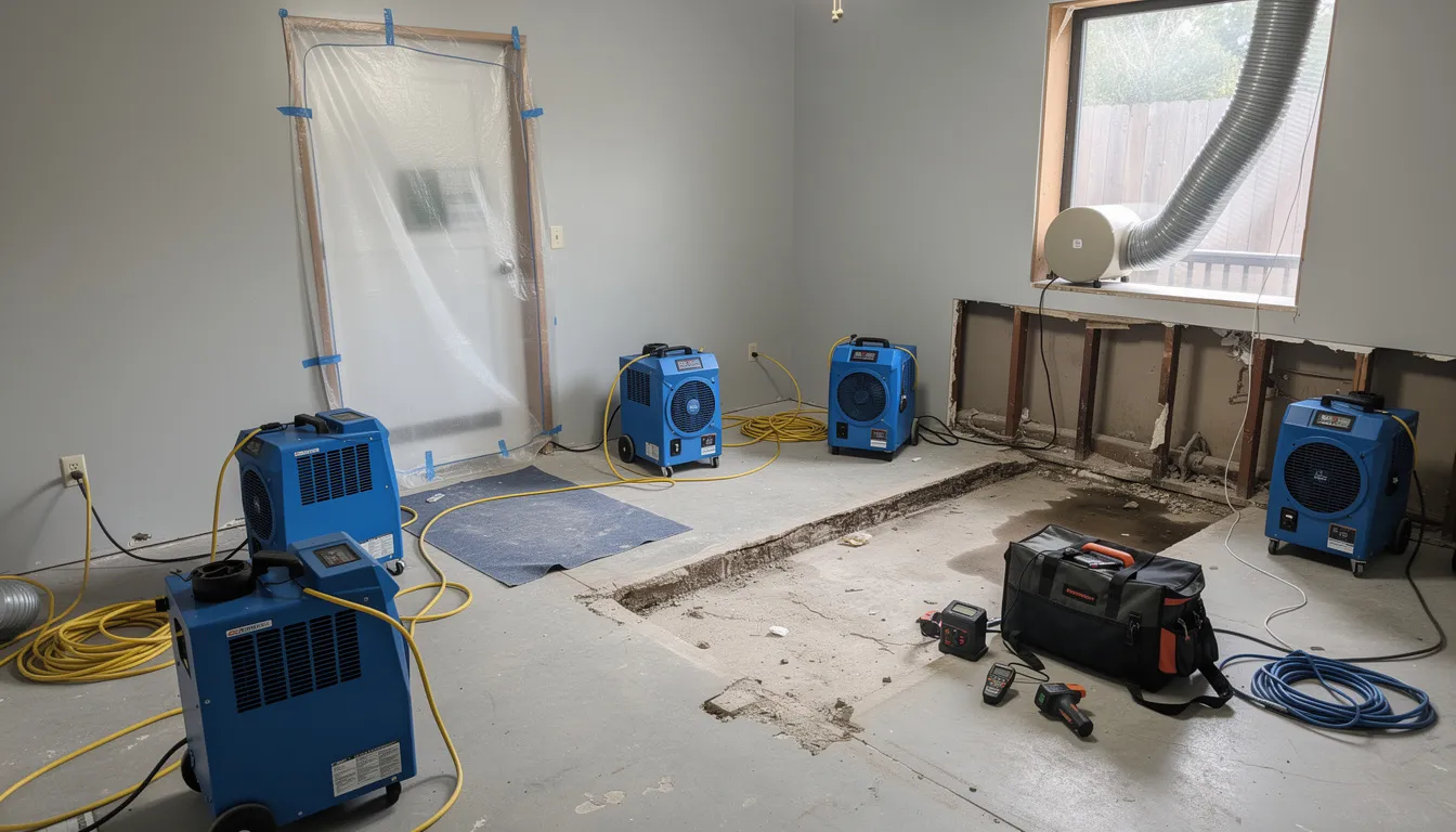 A commercial dehumidifier and air movers are set up in a room to control moisture during mold remediation, helping to prevent mold growth and reduce the risk of health problems associated with mold exposure. The equipment works to eliminate excess moisture that can contribute to indoor mold growth and allergic reactions.