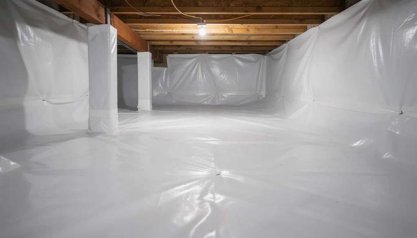 The image depicts a heavy-duty vapor barrier installed across the floor and walls of a crawl space, designed to control moisture and prevent mold growth. This effective solution helps protect the home's foundation and improve indoor air quality by reducing humidity levels and moisture-related problems.