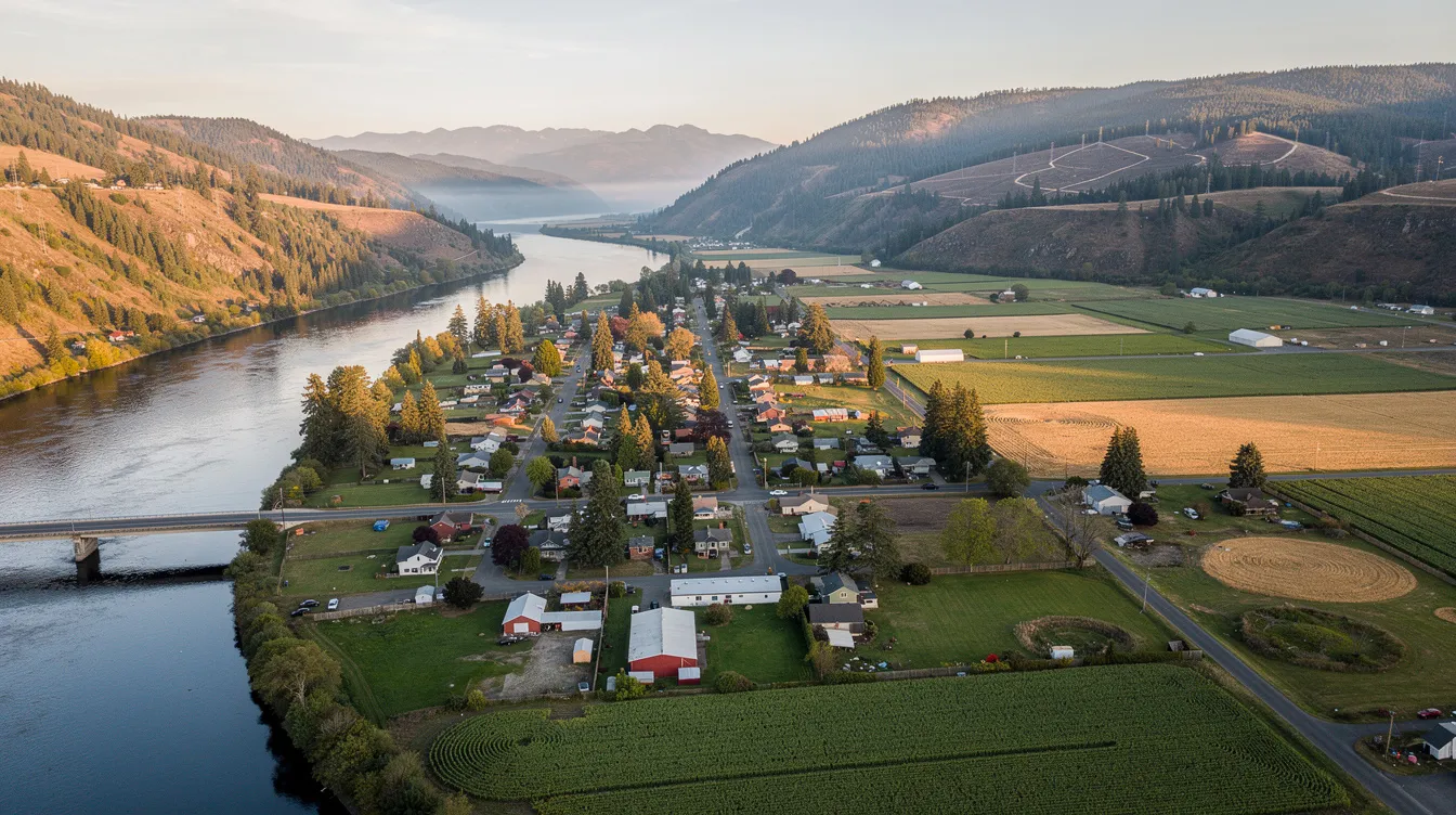 An aerial view captures a picturesque river valley town in Washington State, surrounded by lush agricultural land. This scene reflects the environment in which small business owners operate, highlighting the importance of understanding business taxes, tax deductions, and effective tax strategies for maximizing tax savings.