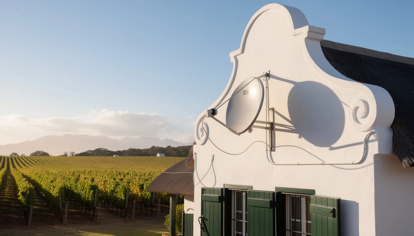 A professional satellite dish is mounted on the roof of a charming Cape Dutch style home, with lush vineyards stretching out in the background. This scene represents quality dstv installation services in Franschhoek, showcasing optimal signal reception for uninterrupted viewing pleasure.